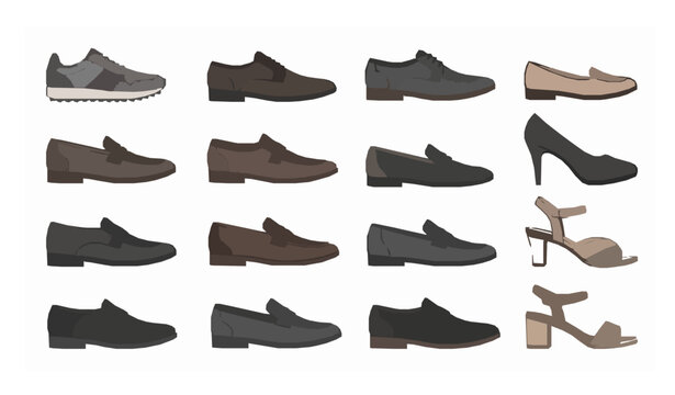 Male and female footwear vector set with casual and formal shoes side view fashion collection illustration design