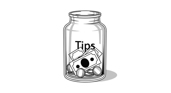 Glass Jar Filled With Tips - Coins and Bills