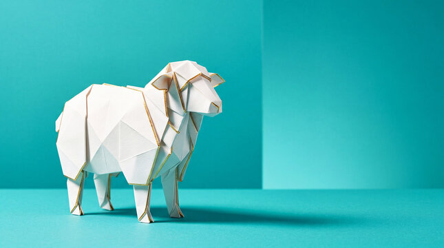 White paper sheep origami on turquoise background. Feast of Sacrifice, Eid al-Adha religious holiday celebration concept. Minimalist papercraft art sculpture of an animal ram figure.