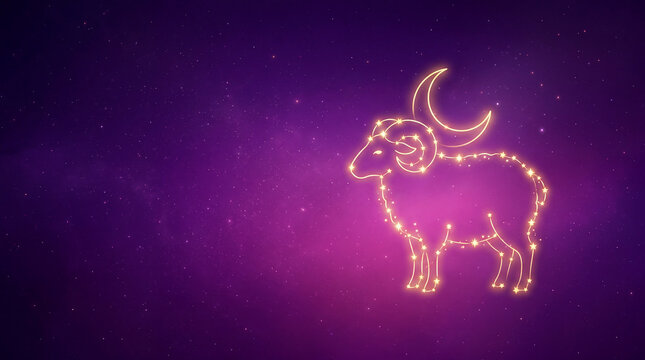 Shining ram constellation made of golden stars in night sky. Bright sheep shape with crescent moon for Eid al-Adha celebration context. Cosmic illustration for Islamic holiday greeting.