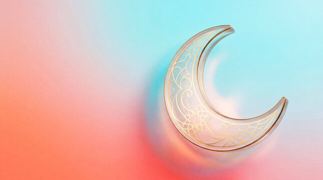 Golden crescent with oriental pattern on gradient background. Religious symbol of Islam for Kurban Bayram. Traditional ornamental moon element for celebration, greeting card and culture.