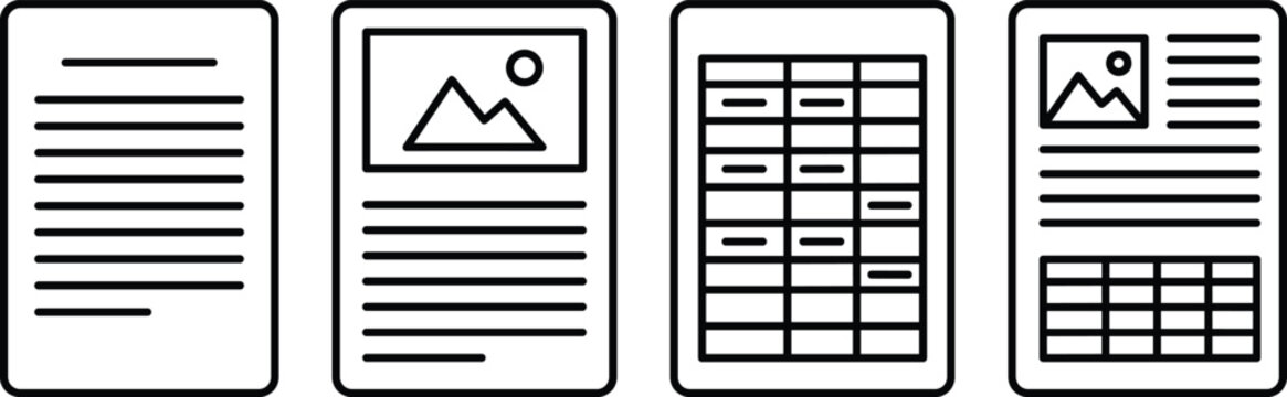 Document file vector icon collection with text page, image file and spreadsheet outline symbols in black minimal style, editable office and business document icons for web apps and corporate design