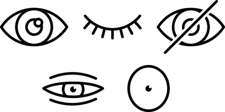 Eye vision vector icon set with open, closed and hidden eye outline symbols in black minimal style, editable visibility and privacy icons collection for security apps, medical design and UI systems