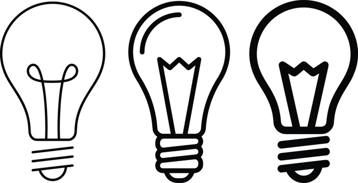 Light bulb idea vector icon collection with three black outline lamp variants, editable innovation and creativity symbols set for startup branding, brainstorming presentations and web UI design