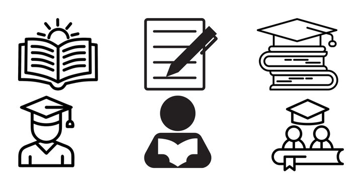 Minimalist flat icon of a person reading a book with a document and pen symbol representing education and learning