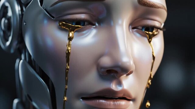 Close up of a futuristic android face with golden tears cinematic lighting