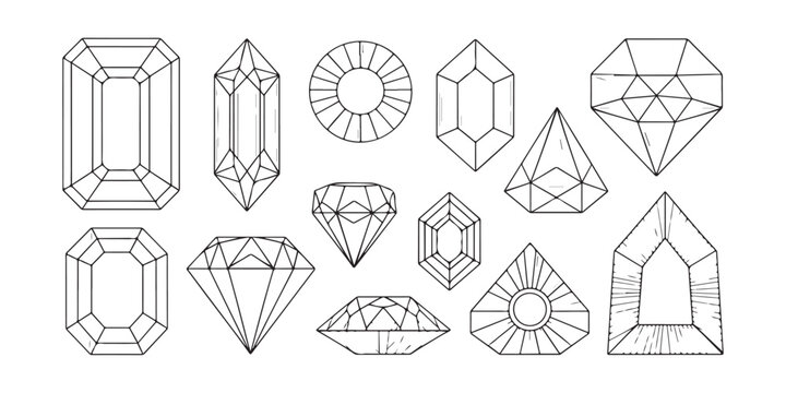 Collection of fifteen different geometric gemstone cuts outlines vector on transparent background.
