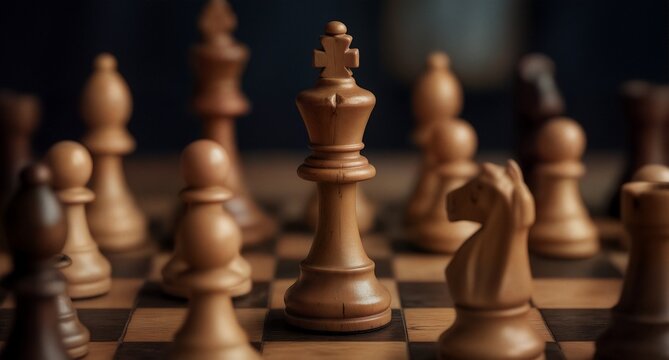 Close up of a wooden chess king piece on a chessboard