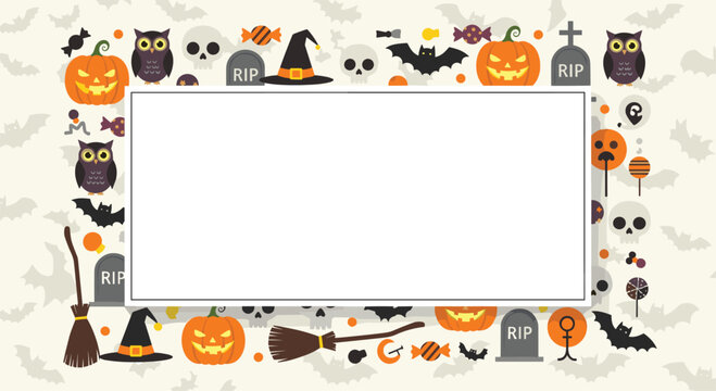 Festive Halloween frame decorated with pumpkins, bats, owls, ghosts, and candies surrounding a central blank white space for your message.