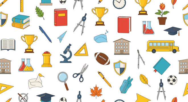 Vibrant seamless pattern featuring a wide variety of school supplies, books, yellow buses, trophies, and science tools for education design.