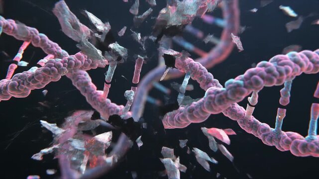 Abstract representation of a DNA molecule breaking apart, symbolizing genetic mutation or damage