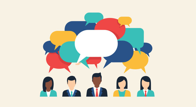 Collaborative group of diverse professionals with many colorful speech bubbles above their heads representing communication and teamwork.
