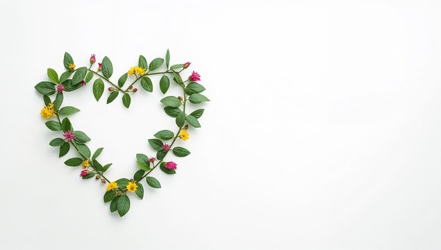 Heart Shaped Arrangement of Green Leaves and Colorful Flowers