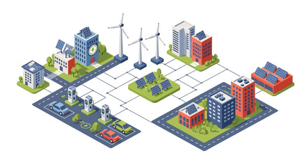 Fototapeta premium Sustainable Smart City Network with Renewable Energy Sources and Electric Vehicle Infrastructure in a Futuristic Isometric Design