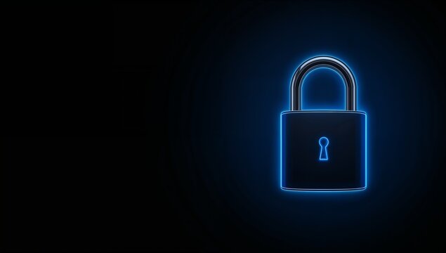 Blue Neon Lock Icon on Dark Background for Security Concept
