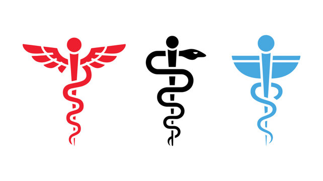 A clear representation of medical caduceus and rod of asclepius symbols in red, black, and blue.
