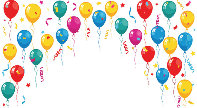 Festive overhead arrangement of colorful balloons and star confetti on a white background perfect for birthday and holiday celebrations.