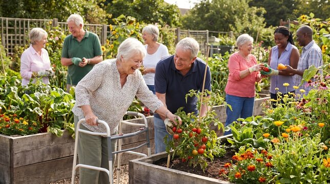 Diverse Seniors Working in Community Garden