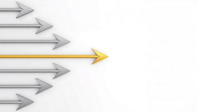 Unique Golden Arrow Standing Out Among Grey Arrows on White Background