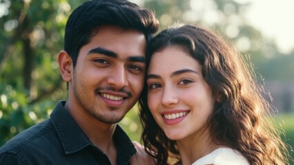 Naklejka premium Young couple posing and smiling in green park setting