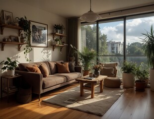 Fototapeta premium Cozy sunlit modern living room interior with lush green indoor plants