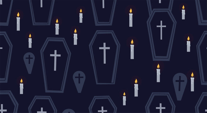 Spooky seamless pattern featuring dark coffins with crosses and flickering white candles for halloween themed decorations and fabrics.