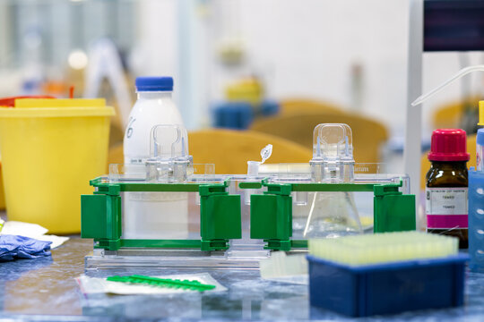 Scientific instruments on a laboratory bench, two holders ready for forming acrylamide gels for electrophoresis.