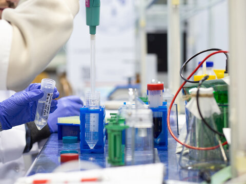 A scientist adds polymerization liquid to a test tube with reagents using a laboratory dispenser.