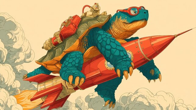 Retro-futuristic turtle astronaut with rocket backpack soaring through whimsical clouds in vibrant illustration style