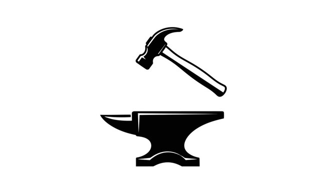 Hammer striking anvil icon, black and white silhouette, blacksmithing tools concept