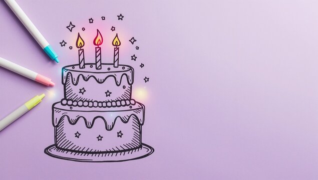 Hand-drawn Birthday Cake with Candles and Colorful Markers
