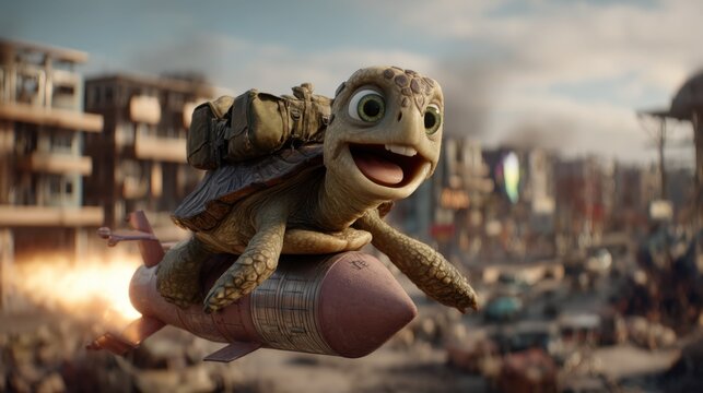 Animated turtle character riding a cartoon missile over a chaotic city skyline in a fantasy landscape setting