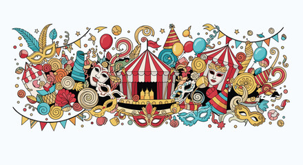 Obraz premium Vibrant and detailed doodle illustration of carnival and circus elements including tents, masks, balloons, and flags in a wide horizontal layout.