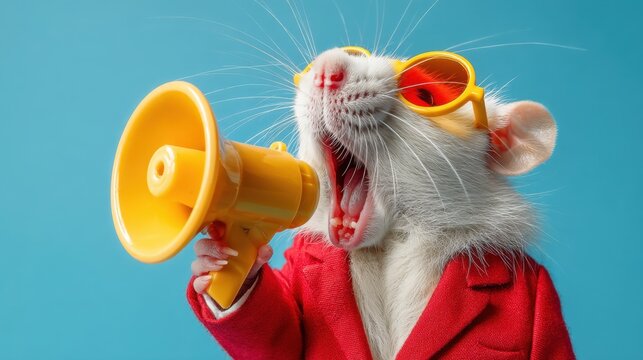 Stylish rodent wearing sunglasses shouting into megaphone against vibrant blue background, showcasing charisma and fun