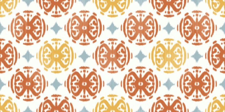Ikat seamless pattern with geometric abstract ornament. Vector grunge textured aztec and aftican motif background. Traditional oriental decorative illustration