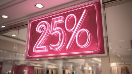 Obraz premium Bright Neon Sign Displaying Twenty-Five Percent Discount in Retail Storefront, Eye-Catching Marketing Promotion