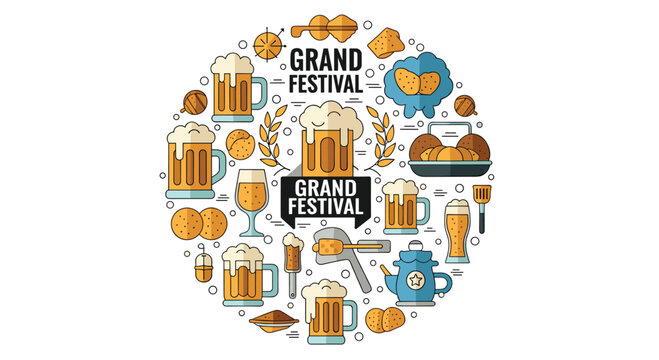 Festive beer and snacks collection arranged in a circle with the text grand festival for oktoberfest and brewery themed events.