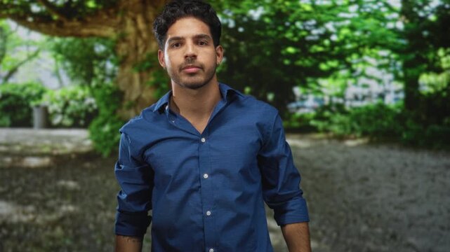 Man in blue shirt points both fingers to chest in forest, shifting posture and relaxed expression; confidence.