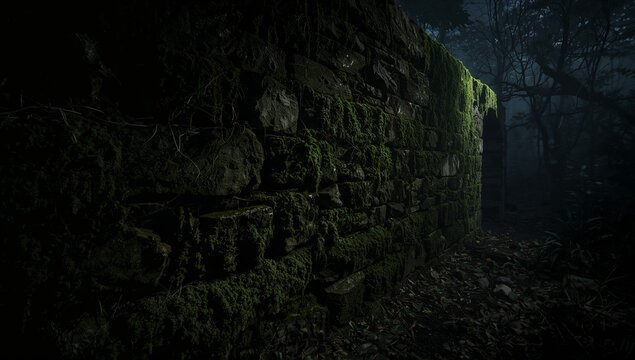 Dark Forest Wall Covered in Moss and Shadows at Night