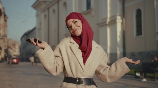 Vibrant joyful personality, Energetic female in vibrant outfit smiling openly in bustling urban environment