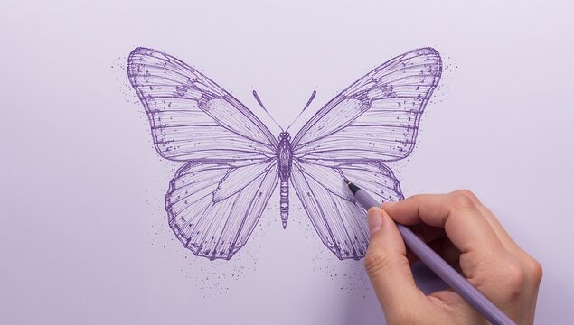 Hand Drawing a Detailed Purple Butterfly on White Background