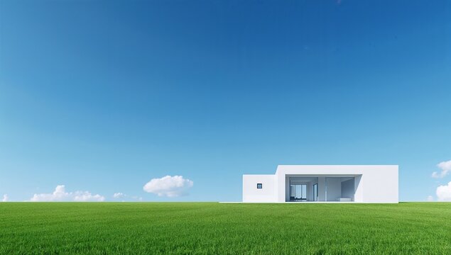 Modern Minimalist House on Green Field Under Clear Blue Sky