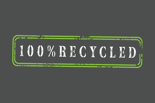 A distressed vintage style rectangular label with the text 100 percent recycled in bold white typography framed by double green lines on gray background