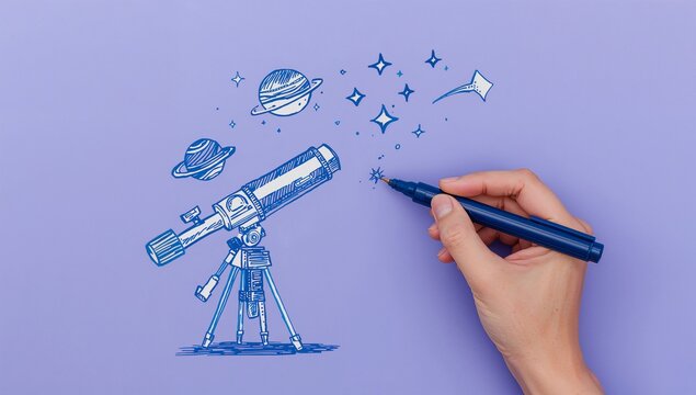 Hand Drawing a Telescope with Planets and Stars on Purple Background
