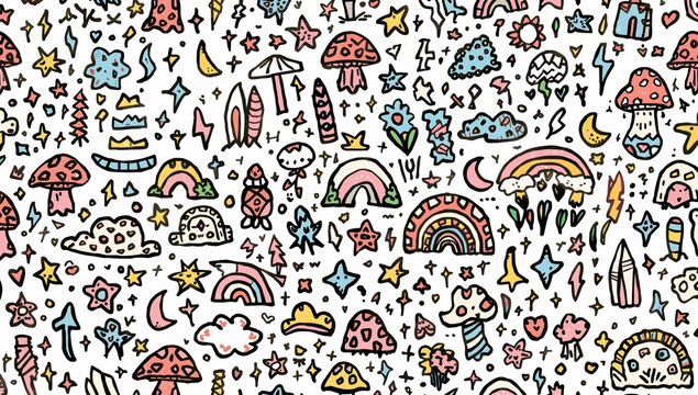 Colorful Hand-Drawn Doodle Patterns with Fun Elements and Themes