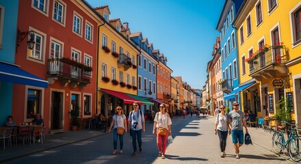 Fototapeta premium Vibrant European Street Scene with Colorful Buildings and Pedestrians.