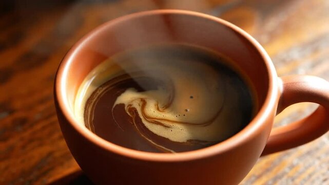 Close-up of a steaming hot cup of fresh coffee with swirls of crema on a wooden surface