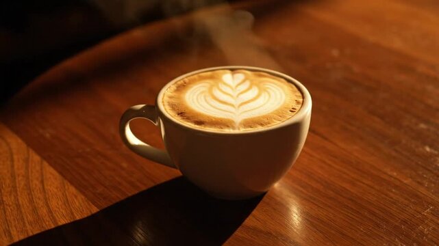 Morning latte art with a floral design on a wooden table with sunlight creating a calming atmosphere.