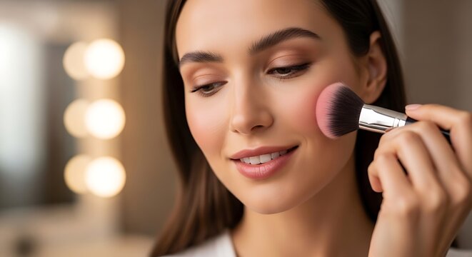 A beautiful young woman with long dark hair applying pink blush to her cheek with a makeup brush, smiling gently in a well-lit setting.