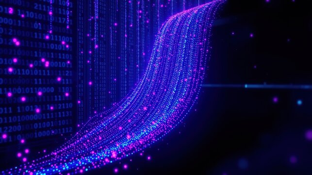 Digital rain effect, binary code streams, vibrant blue, purple hues. Futuristic data visualization, technology concept.